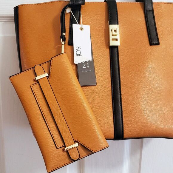 Isabelle Vegan NWT - Handbag Satchel Purse w/ Clutch  - Tan & Black - Picture 3 of 8
